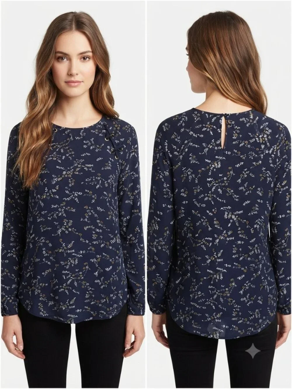 Michael Kors Women's Floral Long Sleeve Blouse Size S Navy Blue Lace-Up Detail